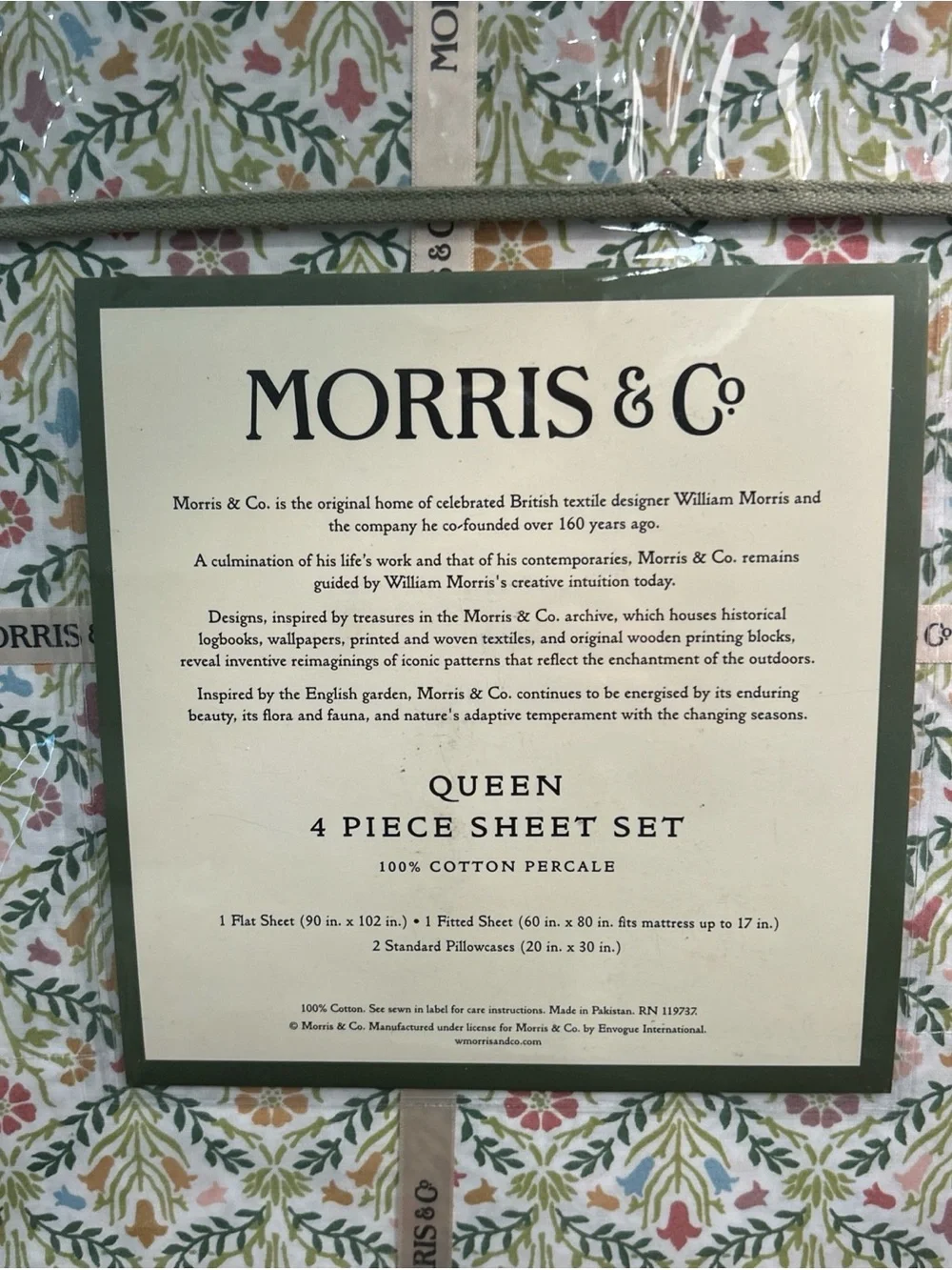 WILLIAM MORRIS & Co Green Pink Floral QUEEN SHEET SET 4 PC